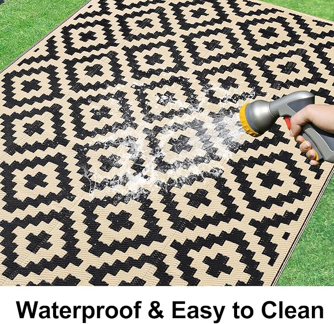Smiry Waterproof Outdoor Rug 9x12 ft, Reversible Plastic Straw Patio Camping Rugs, Outdoor Indoor RV Mat Carpet for Patio, Outside Entry, Backyard, Deck, Bench, Picnic, Camper, Black & Beige