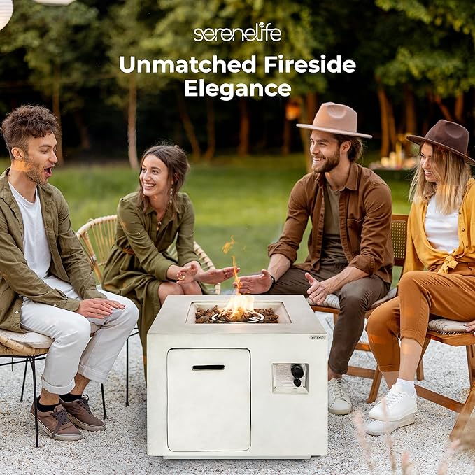 Outdoor Propane Fire Pit Table - CSA/ETL Certified Safe 40,000BTU Pulse Ignition Weatherproof Square Propane Gas Fire Table - Adjustable Flame, Thermocouple - PVC Cover, Lava Rock - SereneLife