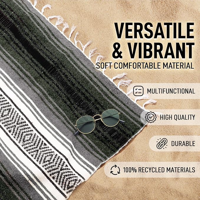 Hydration Nation Authentic Extra Large Mexican Blanket - 70"x50" Handwoven Yoga, Serape, Artisanal Falsa - Camping, Picnic, Outdoor (Military Green)