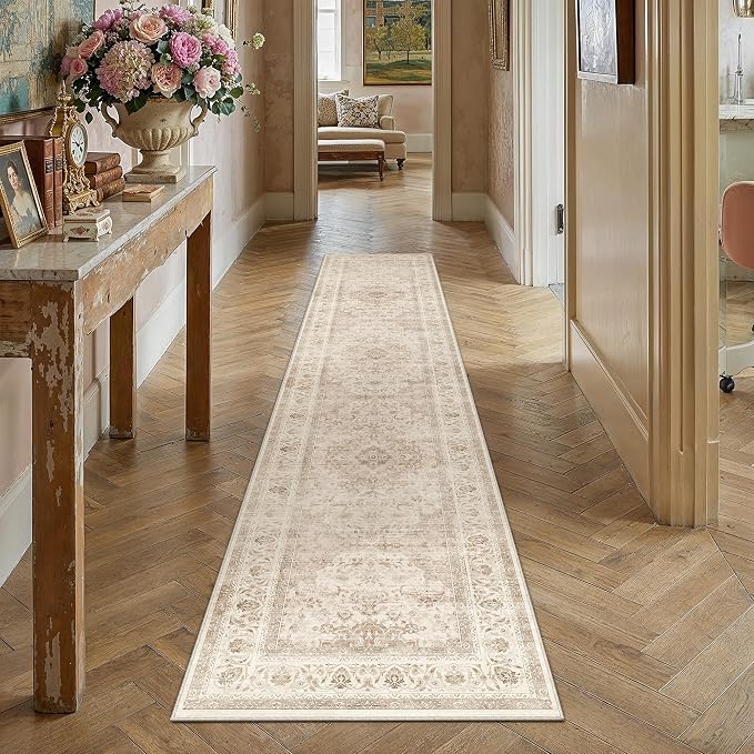 2'6x10 Beige Washable Runner Rug Non Slip Vintage Carpet | Low Pile, Stain Resistant, Living Room, Kitchen, Bathroom, Bedroom, Entryway, Hallway, Soft, Thin, Lightweight