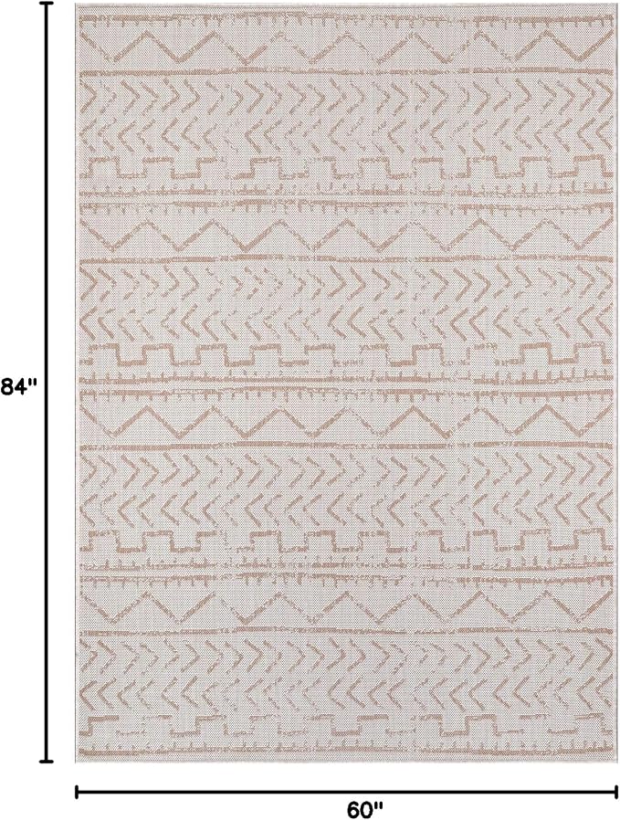 Beverly Rug Waikiki Indoor Outdoor Rug 5x7, Washable Outside Carpet for Patio, Deck, Porch, Trellis Area Rug, Water Resistant, Beige - White