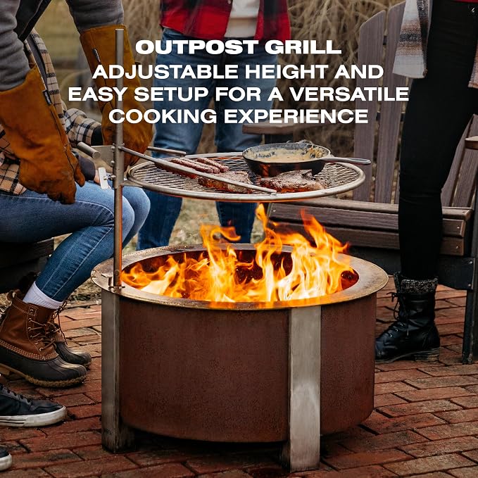 Breeo Smokeless Fire Pit Grilling Bundle (X Series 24 Corten Steel, Outpost Grill, Ash Shovel, & Lid) | 27.5 inch Smokeless Firepit for Outside | Ideal for Families