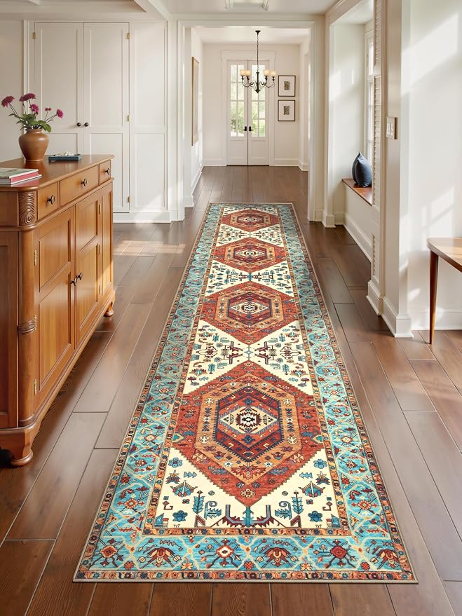 SERISSA 2'6"x12' Washable Non Slip Boho Runner Rug for Hallway，Orange | Ultra Soft Vintage Oriental Carpet Low-Pile Tribal Floor Carpet for Kitchen Bedroom Entryway Bathroom Laundry Room