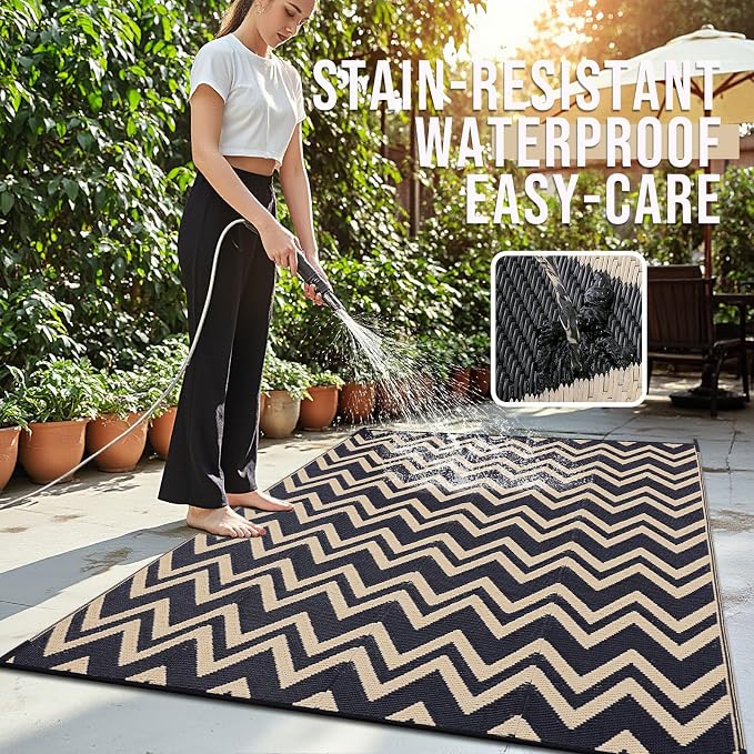 OLANLY Waterproof Outdoor Rug 6x9 ft Clearance, Reversible Outdoor Plastic Straw Rug, RV Mat, Indoor Outdoor Carpet for Patio, Camping, Balcony, Deck, Backyard, Black & Beige