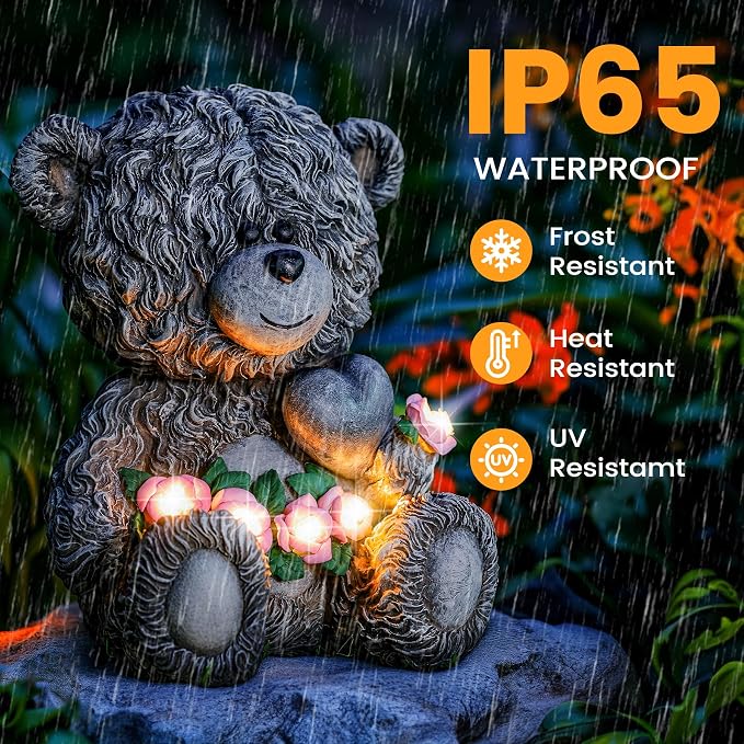 YDKOJGW Solar Garden Outdoor Statues Bear with Heart and Pink Flower and 5 LED Lights-Lawn Decor Bear Statue for Patio, Balcony, Yard Ornament-Unique Housewarming Gifts for Mom, Women