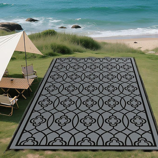 Outsunny Outdoor Rug for Patio, 9' x 18' Waterproof Large Mat, Reversible Plastic Straw Rug for Decor, Portable Outside RV Camping Area Carpet Mat for Backyard Porch Deck Picnic, Black & Gray Lantern