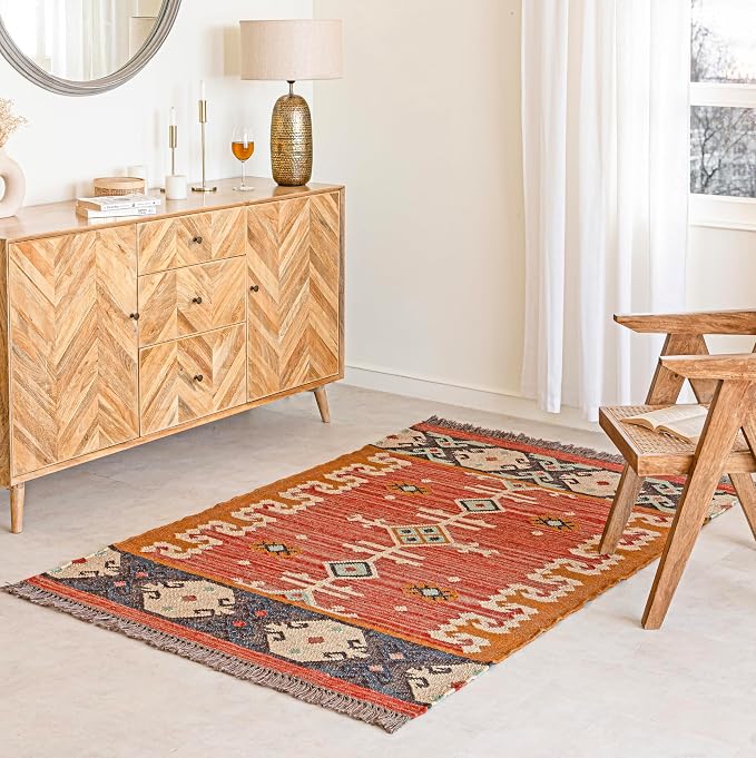 Jute Traditional Kilim Rug Boho Flatweave Area Rug for Living Room, Living Room Entryway, Tribal Series, 3'x5'