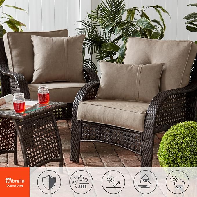 Sunbrella Deep Seat Cushion Set – Seat & Back Cushions for Patio Chairs, Sofas & Loveseats – Fade Resistant Outdoor Fabric, Ties, Zippered Cover, Cord Trim, Cast Shale