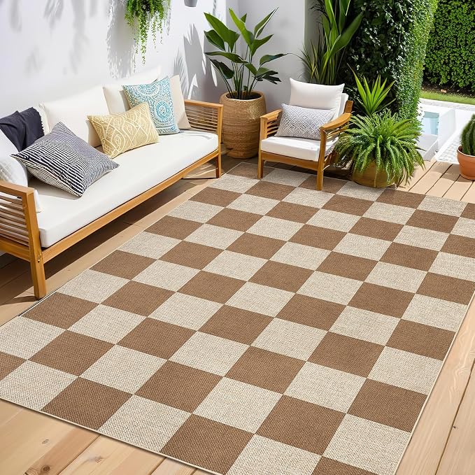 GarveeHome Checkered Easy Jute Area Rug 10x13 Machine Washable Non-Slip Stain Resistant Indoor Outdoor Rugs for Living Room, Bedroom, Kitchen, Dining, Patio Farmhouse Style Brown