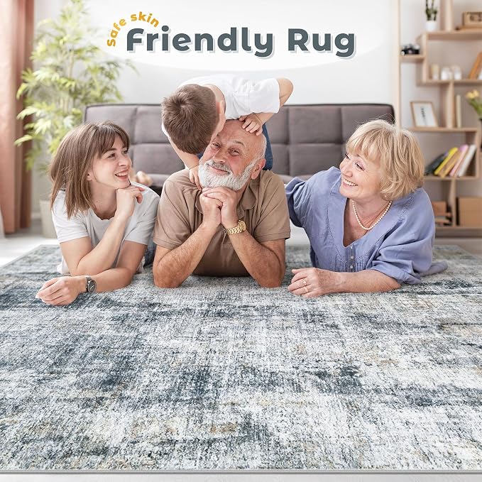 5x7 Area Rugs Washable Rug: Abstract Neutral Rugs Modern Non Slip Area Rug Stain Resistant Low Pile Indoor Carpet for Dining Room Bedroom Nursery Office (Multi Blue, 5'x7')