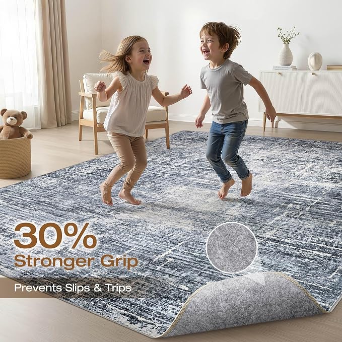 LOONGRUG 10x14 Area Rugs Washable Neutral Modern Living Room Rug Navy Blue | Large Abstract Soft Stain Resistant Indoor Non-Slip Carpet for Bedroom Nursery Kids Office Playroom Dining Room