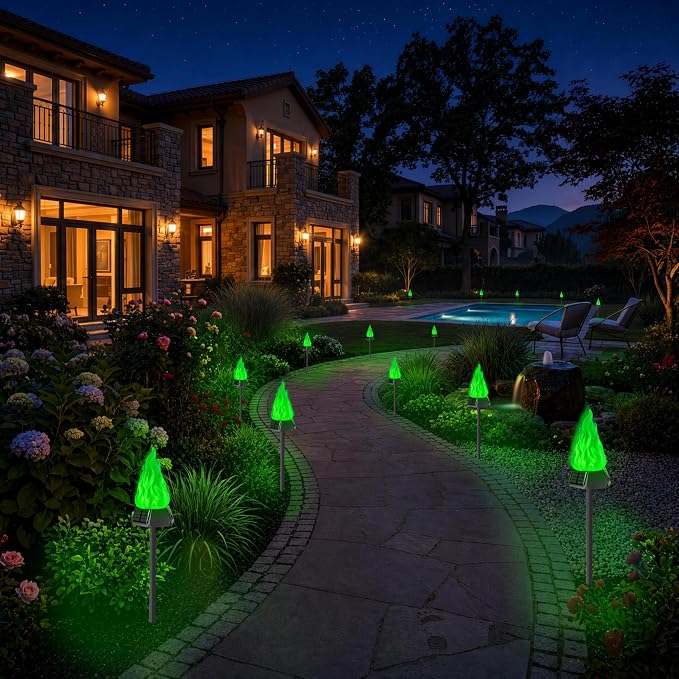 Toodour Solar Outdoor Torch Lights with Flickering Flame, 4 Pack Solar Pathway Decorative Lights, Waterproof LED Flame Torches for Outdoor Camping Garden Landscape Patio Path Yard Decorations - Green
