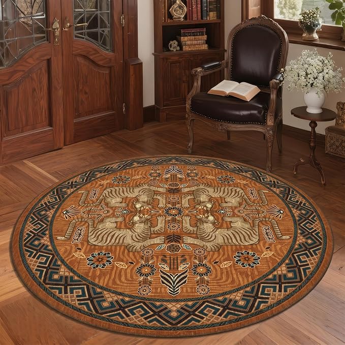 GarveeHome Tiger Round Area Rugs Boho Bedroom Non Slip Washable Vintage | 4ft Orange Animal Print Bedroom Circle Rugs,Tribal Floor Carpet for Dining Room Entryway Nursery Playroom Office