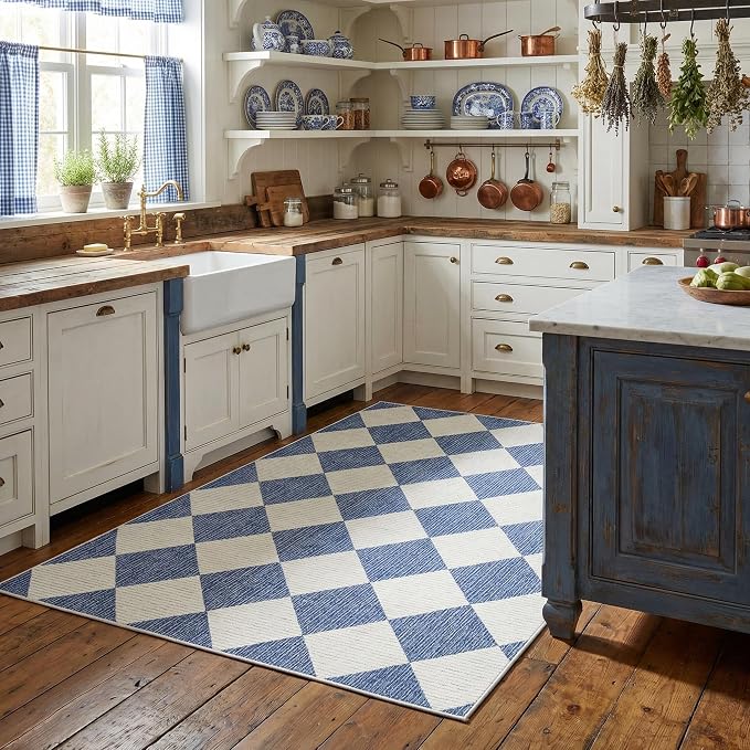 GarveeHome 3x5 Checkered Area Rug Non Slip Washable Entryway Bedroom Rug | Modern Geometric Plaid Navy Blue Carpet Classic Throw Mat for Kitchen Bedside Kids Room Office Dining Room
