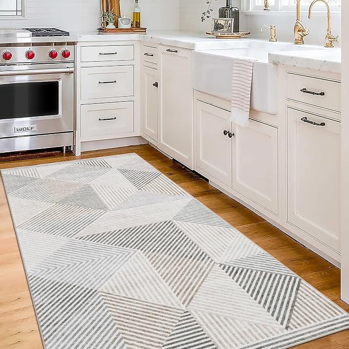 Machine Washable Area Rug Runner - Living Room Bedroom Bathroom Kitchen Entryway Office - Padded Low Pile Stain Resistant Premium - Modern Geometric Contemporary - Miles - Beige 2'6"x6'