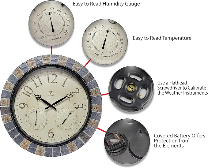 Infinity Instruments Inca II 18 inch Outdoor Clock Thermometer Combo Patio Waterproof Large Wall Weather Station Weatherproof Designer Faux Stone Mosaic Decorative Outdoor Wall Clock