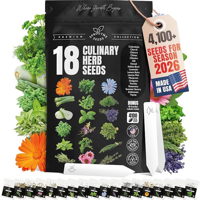Culinary Herb Seeds Variety Pack – Basil, Cilantro, Parsley, Oregano, Rosemary & Thyme – 18 Varieties, 4100+ Non-GMO Heirloom Seeds, Indoor & Outdoor Growing