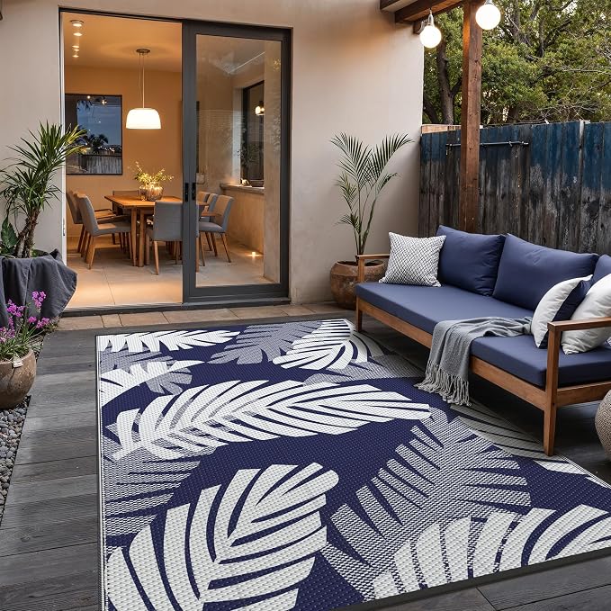 GENIMO Waterproof Outdoor Rug 9' x 12' for Patio Decor, Reversible Plastic Straw Area Rugs for Camping Clearance, RV Mat, Large Outside Carpet for Porch, Deck, Picni, Balcony, Garden, Blue & White