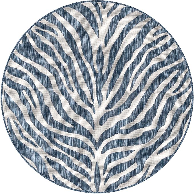 Unique Loom Outdoor Safari Collection Area Rug - Tsavo (4' 1" Round, Blue/ Ivory)