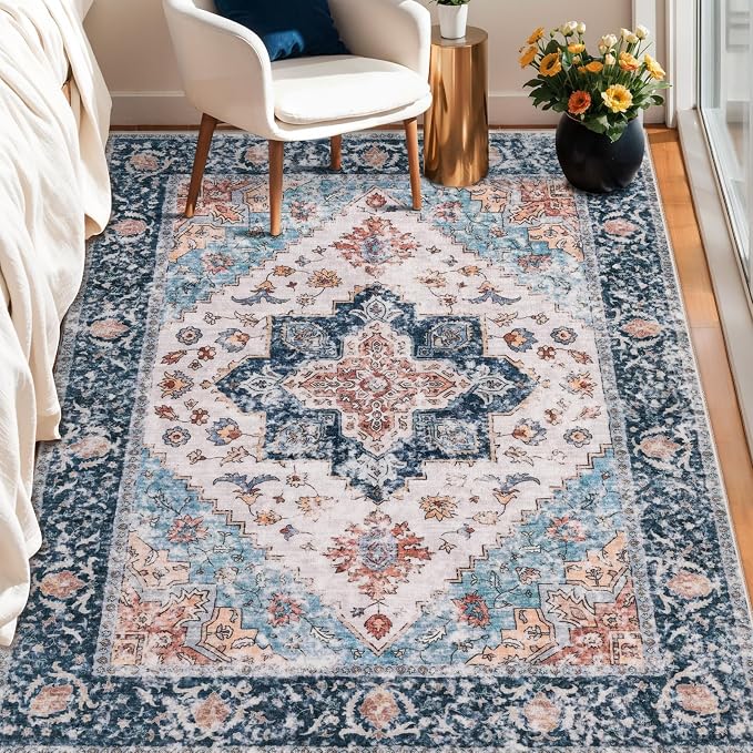 SERISSA 3x5 Washable Non Slip Boho Area Rug for Bedroom，Blue Orange | Ultra Soft Vintage Oriental Carpet Low-Pile Distressed Tribal Throw Rug Carpet for Living Room Nursery Kitchen Dorm Decor