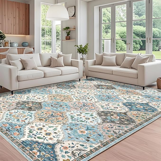 ROYHOME 8x10 Area Rug Trellis Machine Washable Rug for Living Room | Stain Resistant Non-Slip Accent Rug Carpet Farmhouse Vintage Distressed Floral Floor Cover for Bedroom, Blue/Taupe
