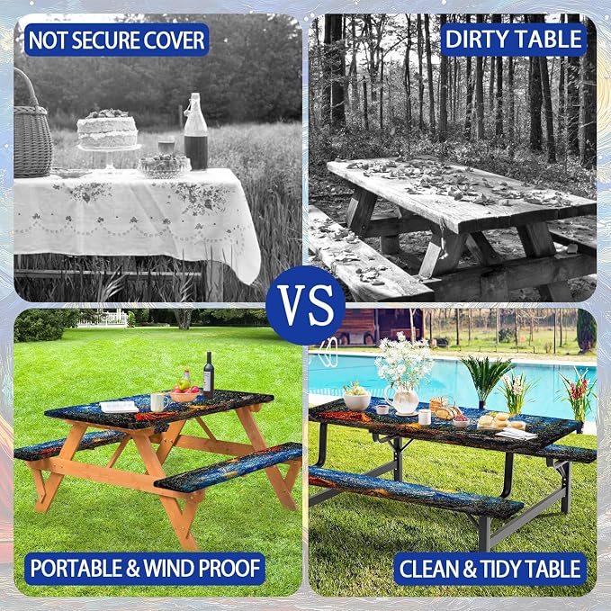 Picnic Table Cover with Bench Covers Elastic Edges, Forest Night Sky Camper Fitted Table Cover, Outdoor Patio Camping Essentials 3PCS, 60in, Waterproof Camping Fitted Tablecloth with Drawstring Bag