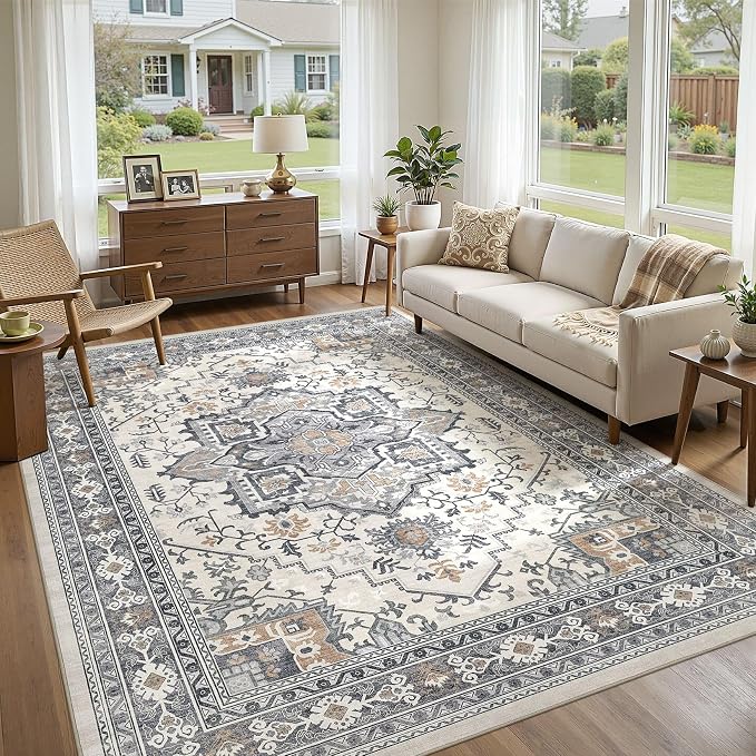 UERMEI 10x14 Area Rug Living Room Rugs - Washable Vintage Soft Large Rug Indoor Floor No Slip Rug Carpet for Bedroom Farmhouse Under Dining Table Home Office Decor - Grey-Orange