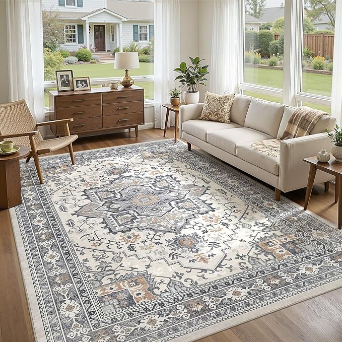 UERMEI 10x14 Area Rug Living Room Rugs - Washable Vintage Soft Large Rug Indoor Floor No Slip Rug Carpet for Bedroom Farmhouse Under Dining Table Home Office Decor - Grey-Orange