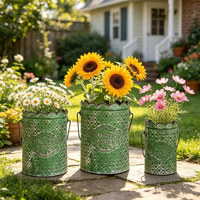 Set of 3 Vintage Distressed Metal Planter Rustic "Flowers and Garden" Embossed Flower Pots with Scalloped Edge & Handle Farmhouse Decorative Floral Buckets for Dried Flowers, Home Garden Decor (Green)