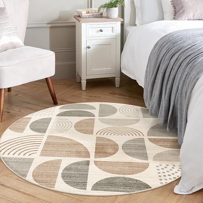 Round Rug 4ft Small Circle Area Rug Washable Non Slip Modern Abstract | Circular Rugs for Entryway Bedroom Kitchen Boho Throw Carpet Soft Low Pile Floor Indoor Bohemian Neutral Beige