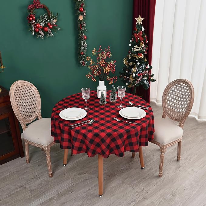 Waterproof Plaid Tablecloth Fabric - Round 120 Inch Classic Gingham Checker Table Cloth for Indoor/Outdoor Use - Buffalo Table Cover for Picnics, BBQs, and Parties