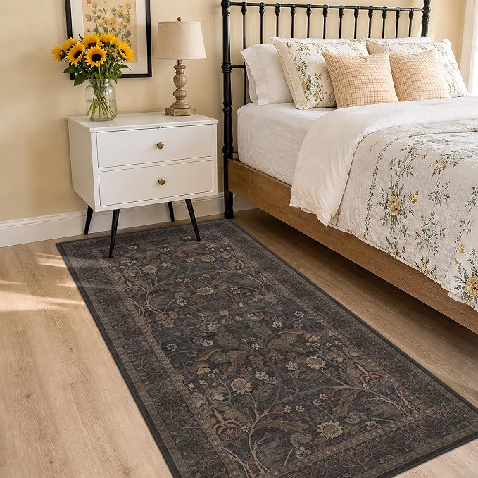 Washable 3x6 Wide Kitchen Entryway Runner Rug Non Slip - Dark Brown Vintage Floral Hallway Rugs, Farmhouse Low Pile Runner for Bedroom, Laundry Room, Bathroom, Kitchen Soft Stain Resistant Carpet