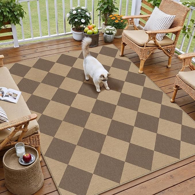 PureCozy 4x6 Checkered Easy Jute Area Rug for Living Room Checkerboard Washable Indoor Outdoor Carpet Farmhouse Patio Office Mat Geometric Non Slip Brown Carpet for Dorm Backyard Dining Room