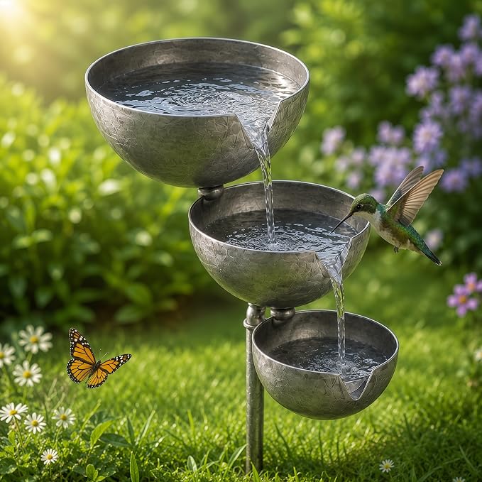 Rain Catcher Bird Bath Tiered - Bring Life Back to Your Garden (Modern) | Self Filling Bird Bath Stake for Hummingbird Butterfly & Bee, Lawn Yard Outdoor Decor, Metal Water Bowl, Watering Station