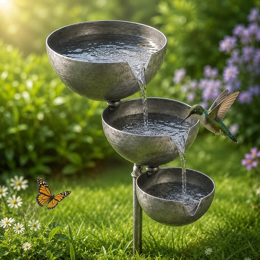 Rain Catcher Bird Bath Tiered - Bring Life Back to Your Garden (Modern) | Self Filling Bird Bath Stake for Hummingbird Butterfly & Bee, Lawn Yard Outdoor Decor, Metal Water Bowl, Watering Station