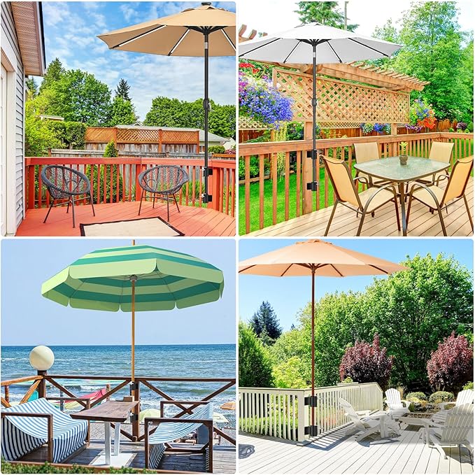 Heavy Duty Deck Railing Umbrella Holder, Patio Umbrella Stand for 1-2 Inch Poles, Space-Saving Design, Secure & Sturdy Flat Mount for Deck Railing, Balcony, Outdoor Courtyard, Fences, 2 Set