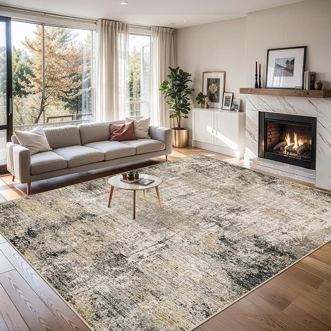PLHXFR 9x12 Area Rug Living Room: Abstract Washable Carpet Brown Black | For Bedroom Dining Room Farmhouse Nursery Home,Machine washable,Non Slip,Large Soft Neutral,Stain Resistant, Indoor Floor