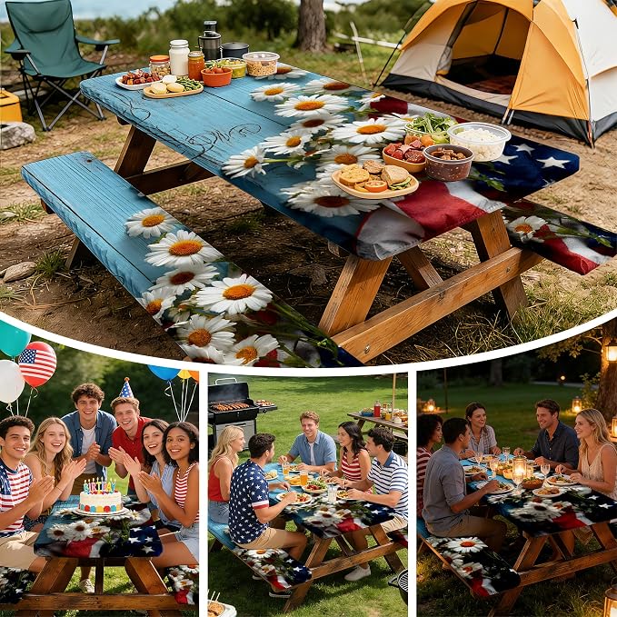 NYZE 3 Pieces Outdoor Picnic Table Cover with Bench Covers Set, Blue Wooden Daisies Camping Tablecloth Bench Covers with Drawstring Bag, Camping Essentials for Outdoor Picnics, Patio, BBQ
