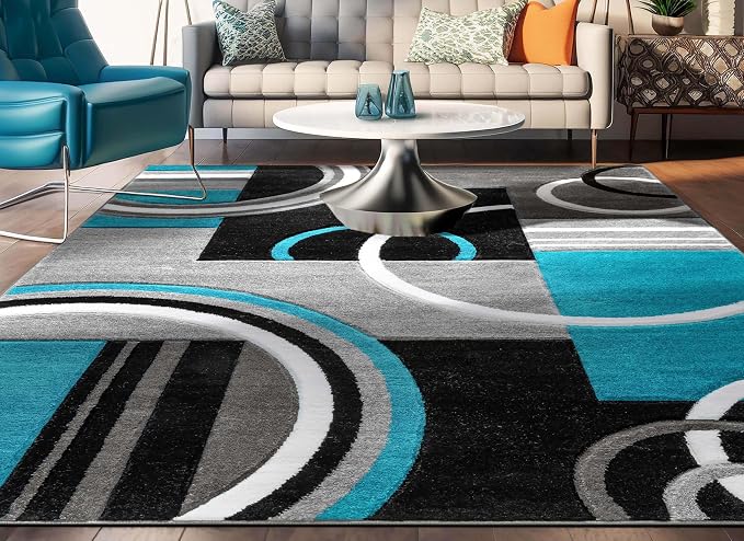 Well Woven Ruby Echo Shapes & Circles Geometric Blue 5 by 7 Rug - Medium Size Blue Rug, Thick Pile Carpet, Durable Easy Care Floor Covering, Stain Resistant, Contemporary Style, Modern Pattern