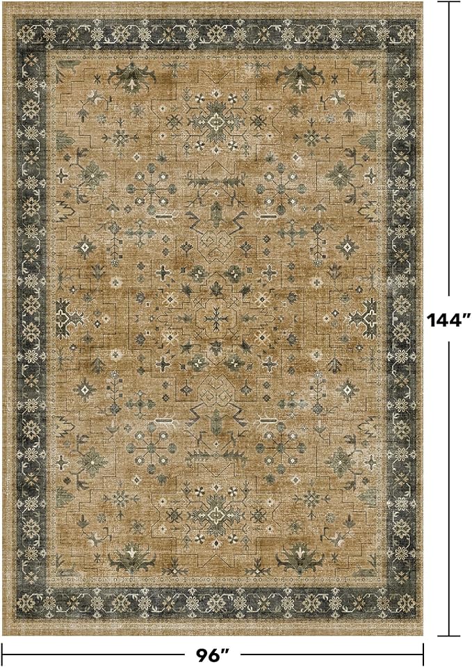 Vintage Boho 8x12 for Living Room - Machine Washable Rugs for Bedroom, Rustic Brown and Charcoal Olive Dining Room Rugs for Under Table, Low Pile Non-Slip Rubber Backing & Stain Resistant