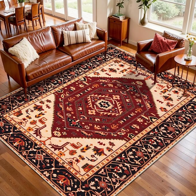 SERISSA 5x7 Washable Non Slip Boho Area Rug for Living Room，Red Black | Ultra Soft Vintage Oriental Carpet Low-Pile Distressed Tribal Throw Carpet for Bedroom Dining Room Dorm Office Home Decor