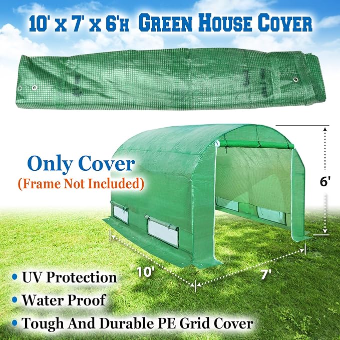 Greenhouse Replacement Covering for Outdoor Larger Hot Garden House , Support Arch Frame Climbing Plants/Flowers/Vegetables (10' X7'X6', Cover)