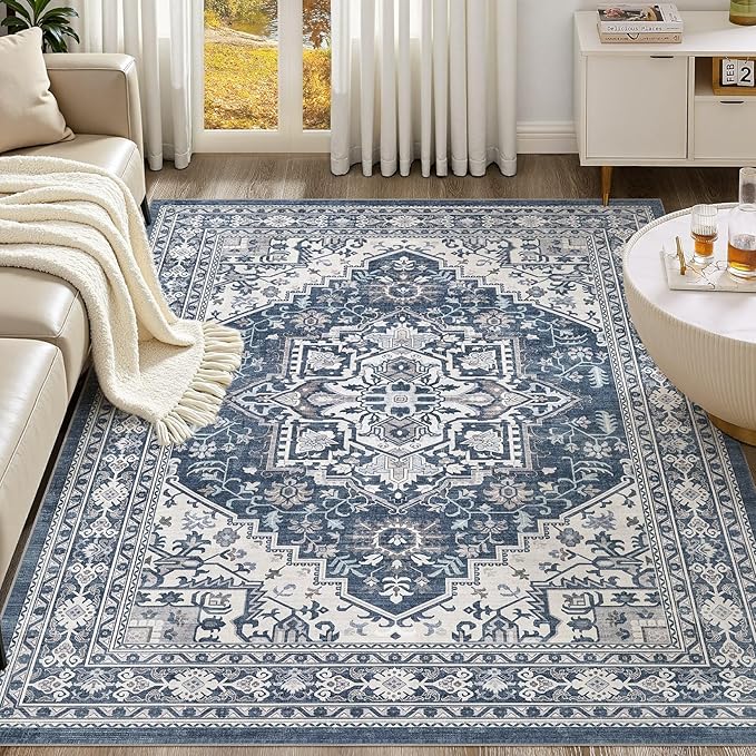 UERMEI 9x12 Area Rug for Living Room - Washable Vintage Carpet, Non-Slip Soft Large Indoor Floor Rugs for Bedroom Home Office & Under Dining Table Decor, Denim Blue/White