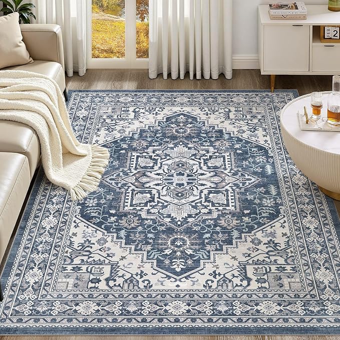 UERMEI 5x7 Area Rug for Living Room - Washable Vintage Carpet, Non-Slip Soft Large Indoor Floor Rugs for Bedroom Home Office & Under Dining Table Decor, Denim Blue/White
