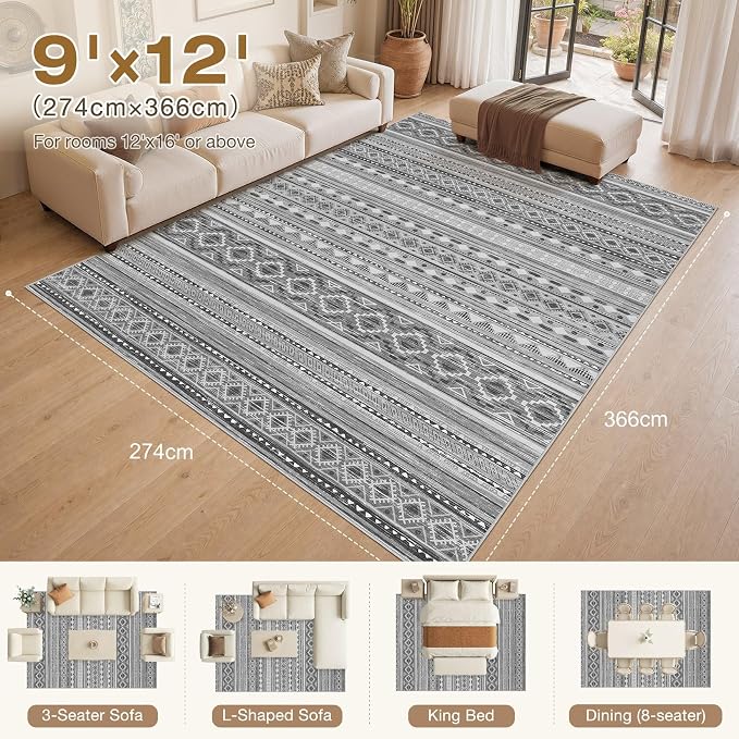 cotiled Boho 9x12 Area Rug for Living Room: Large Moroccan Washable Rug | Stain Resistan Carpet for Bedroom Farmhouse Dining Room Beige Grey