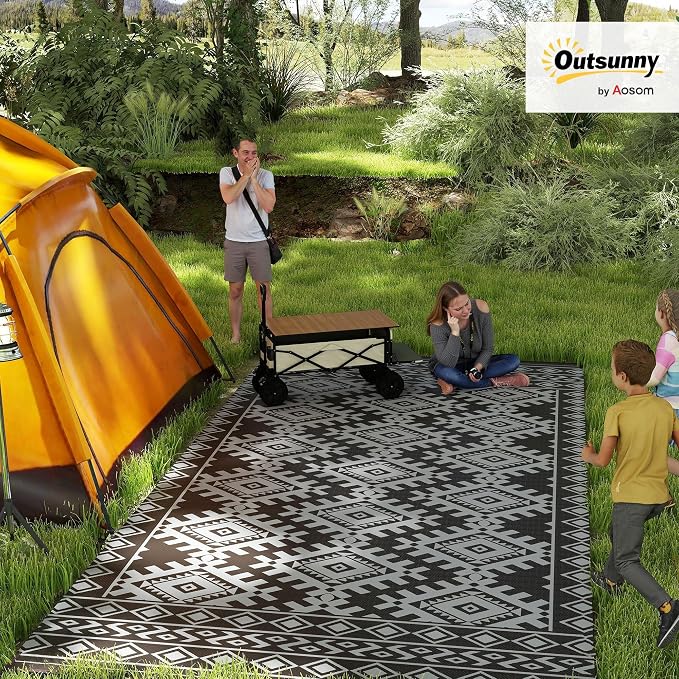 Outsunny Outdoor Rug for Patio, 9' x 18' Waterproof Large Mat, Reversible Plastic Straw Rug for Decor, Portable Outside RV Camping Area Carpet Mat for Backyard Porch Deck Picnic, Black & Gray Rhombus