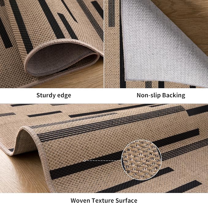 Tangsoo Easy Jute 2.6x8 Runner Rug for Hallway,Washable Non-Slip Indoor Rug | Modern Brown Irregular Striped Thin Outdoor Rug, Farmhouse Long Carpet Runner for Porch Laundry Bedroom Living Room