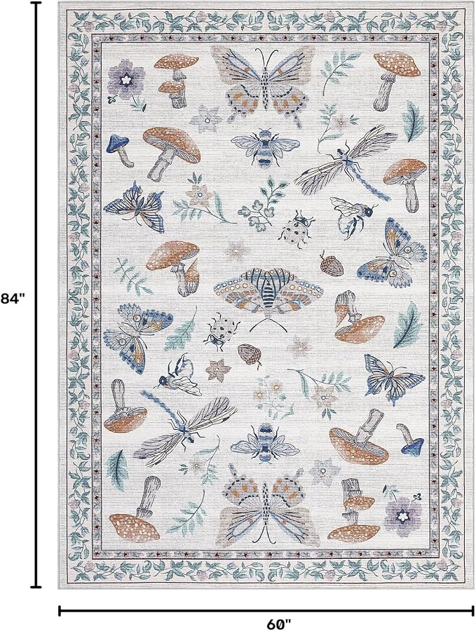 ROYHOME Washable Rug 5x7 Area Rugs for Living Room, Mushroom Insect Rug for Bedroom, 5x7 Rug Non Slip Throw Rugs with Rubber Back, Low Pile Stain Resistant Modern Carpet for Dining Room Dorm,Beige