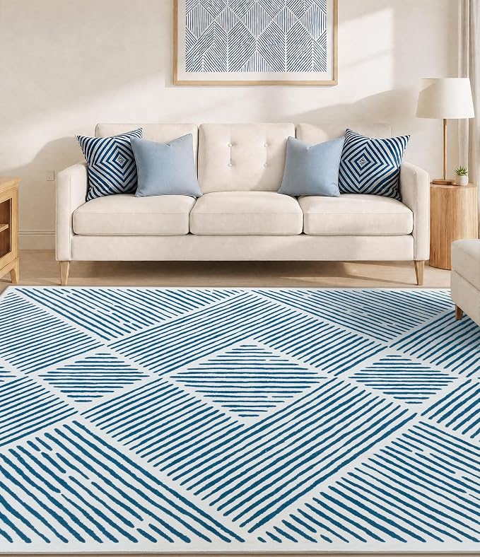 6‘x9' Washable Blue and White Rug, Modern Area Rug for Living Room | Non-Slip, Low Pile, Stain Resistant, Navy Blue Geometric Stripe Rug for Bedroom Dining Room