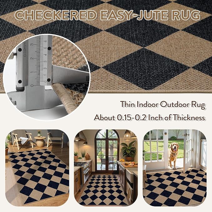 Lahome Colette Checkered Easy Jute Entry Rug, 3x5 Black Outdoor Patio Rug for Living Room Farmhouse Neutral Carpet, Washable Non Slip Indoor Door Mat Diamond Carpet for Front Door Deck Camping